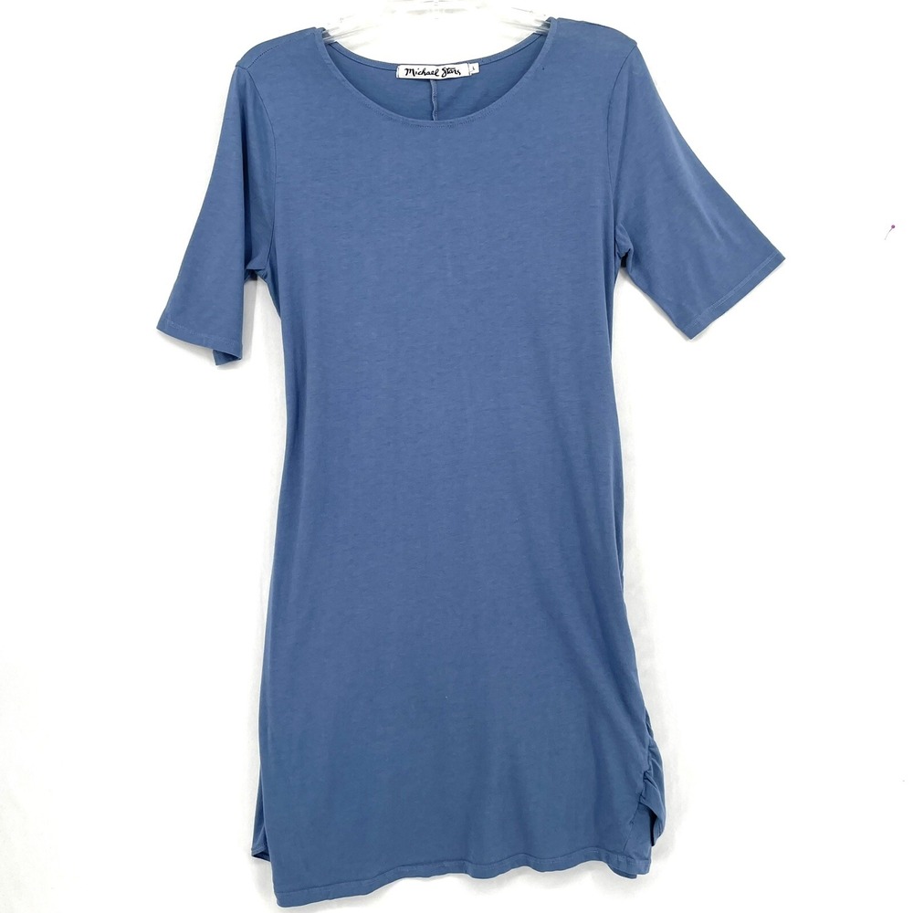 MICHAEL STARS Muted BLUE Cotton Knit Ruched DRESS (Back Ties) Women's Large